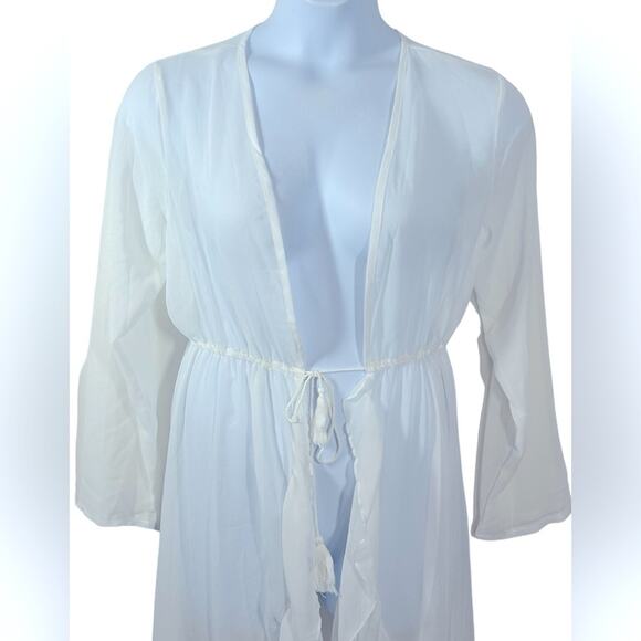 Shein White Sheer Long Ruffle Accent Bridal Robe or Beach Cover Up Size Large - Picture 2 of 9